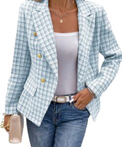 Women’s Plaid Double Breasted Tweed Work Jacket with Pockets