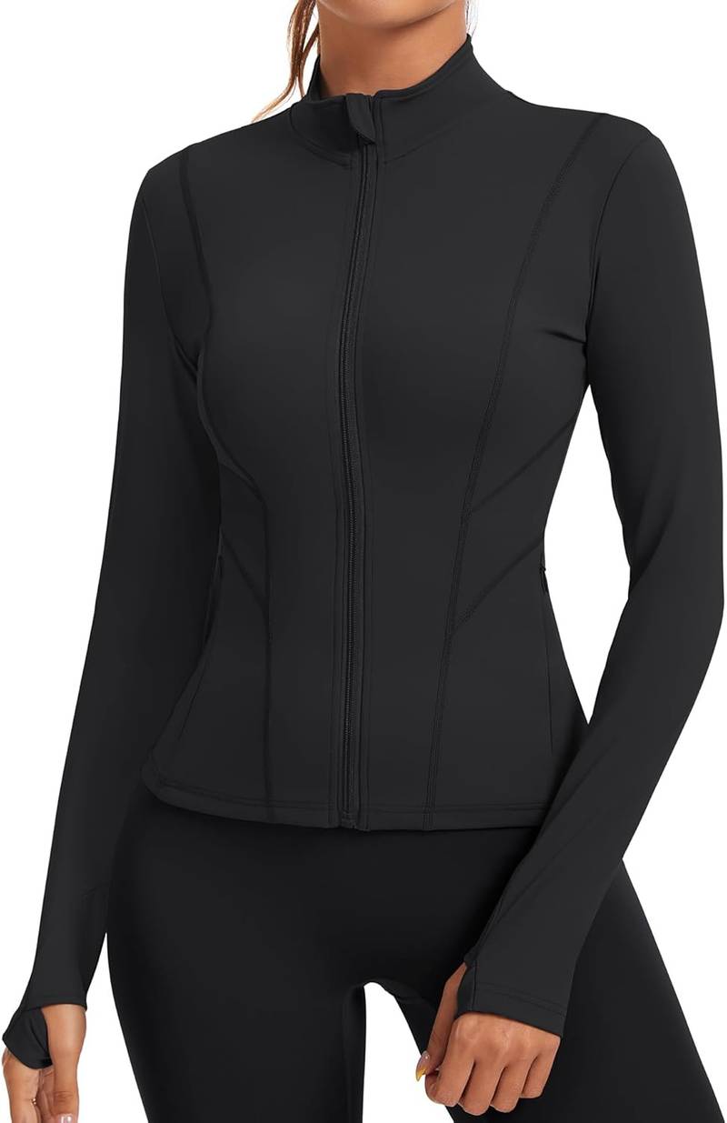 Women’s slim fit athletic jacket full zip running yoga workout top thumb holes