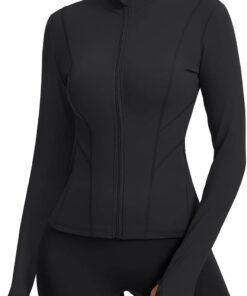 Women’s slim fit athletic jacket full zip running yoga workout top thumb holes
