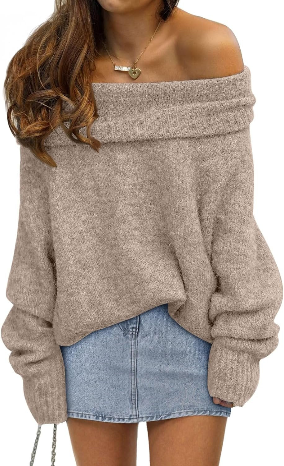 Women’s Off Shoulder Oversized Sweater Batwing Sleeve Knit Pullover