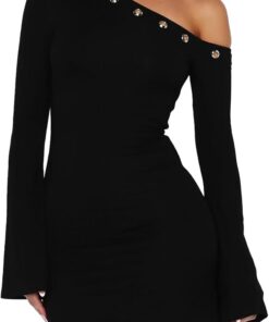 Women’s Off Shoulder Long Sleeve Bodycon Mini Party Dress