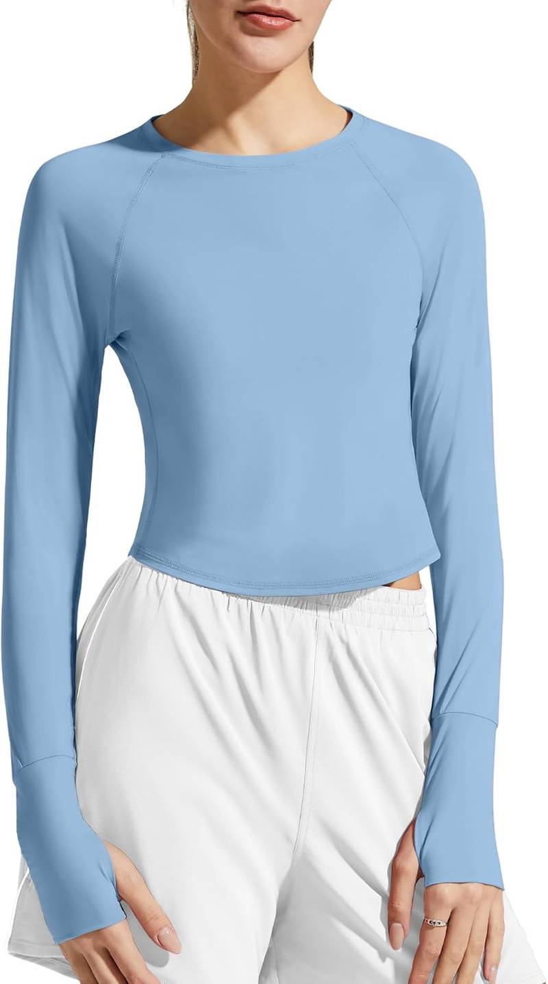 Lightweight women’s long sleeve rash guard crop workout shirt thumb holes quick-dry top