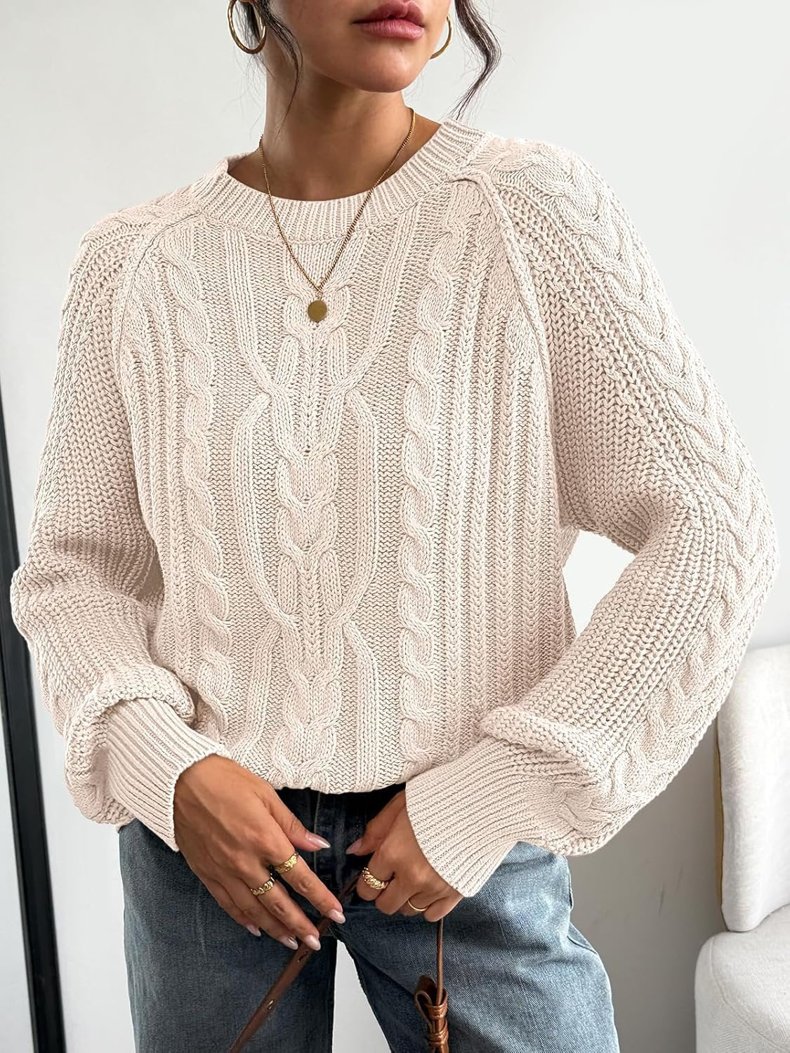 Women’s Oversized Cable Knit Crew Neck Fall Sweater - Image 2