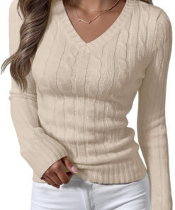 Women’s Long Sleeve Cable Knit V Neck Sweater Casual Pullover Top