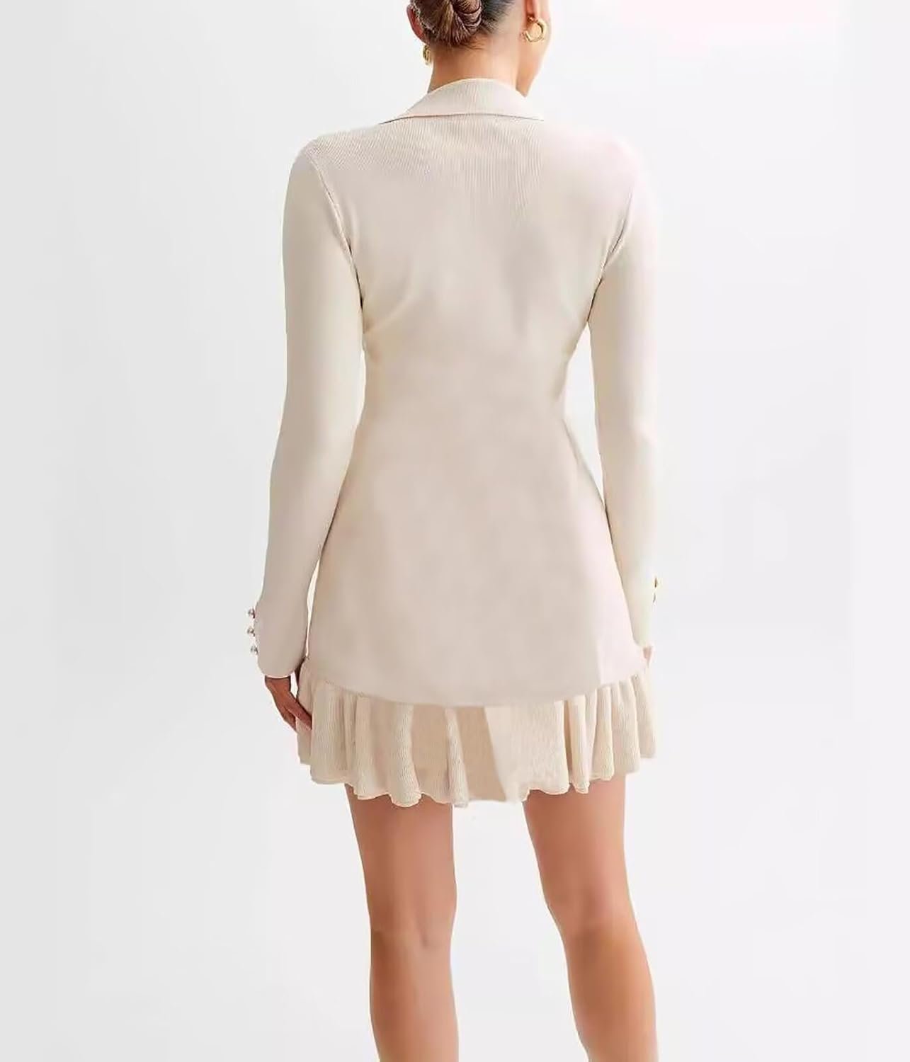 Women’s Long Sleeve Knit Sweater Dress Ruffle Hem Collared Back Tie Mini Dress - Image 2
