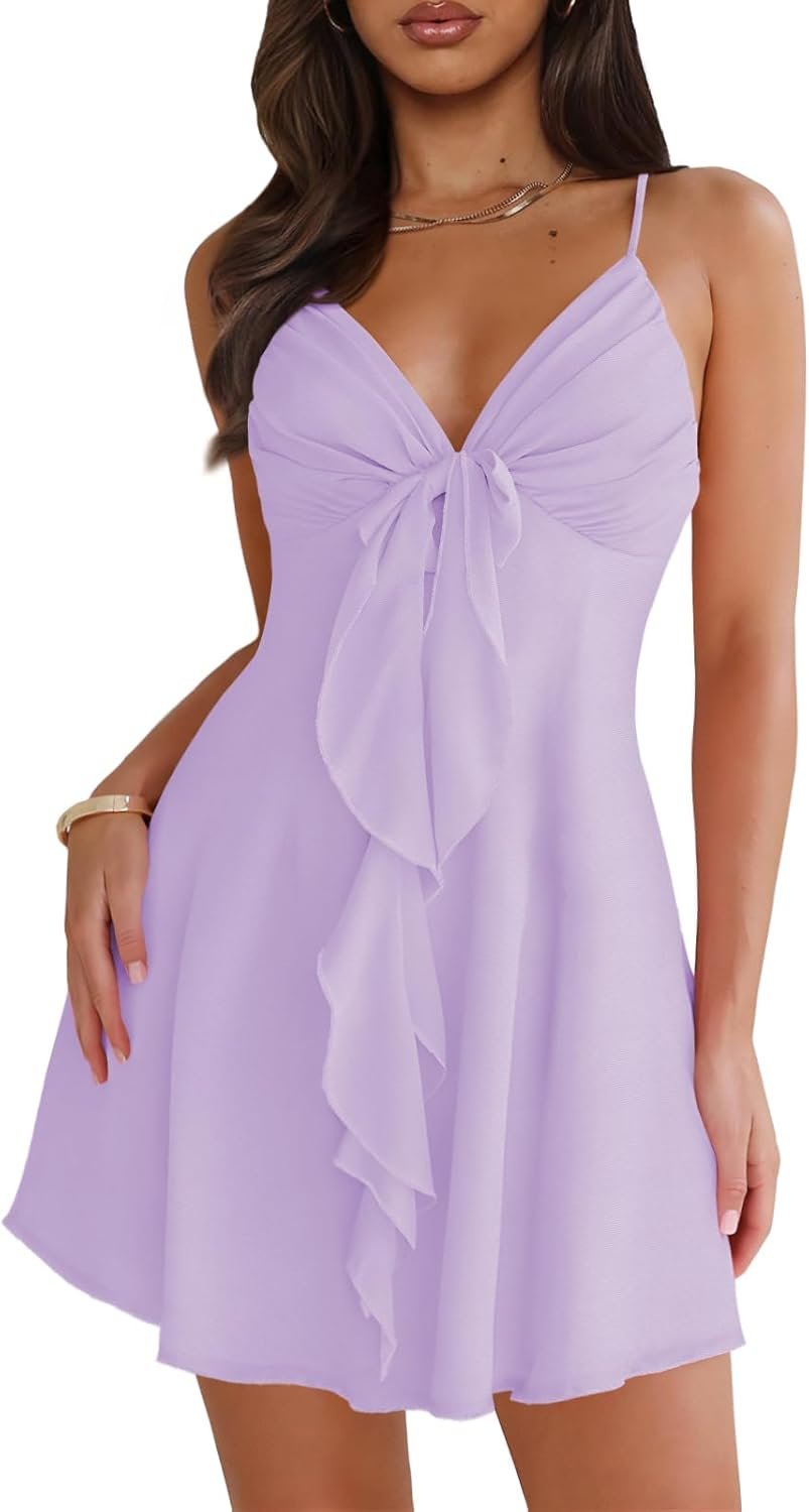 Women’s Sleeveless Deep V Neck Mini Dress Casual Flowy Sundress