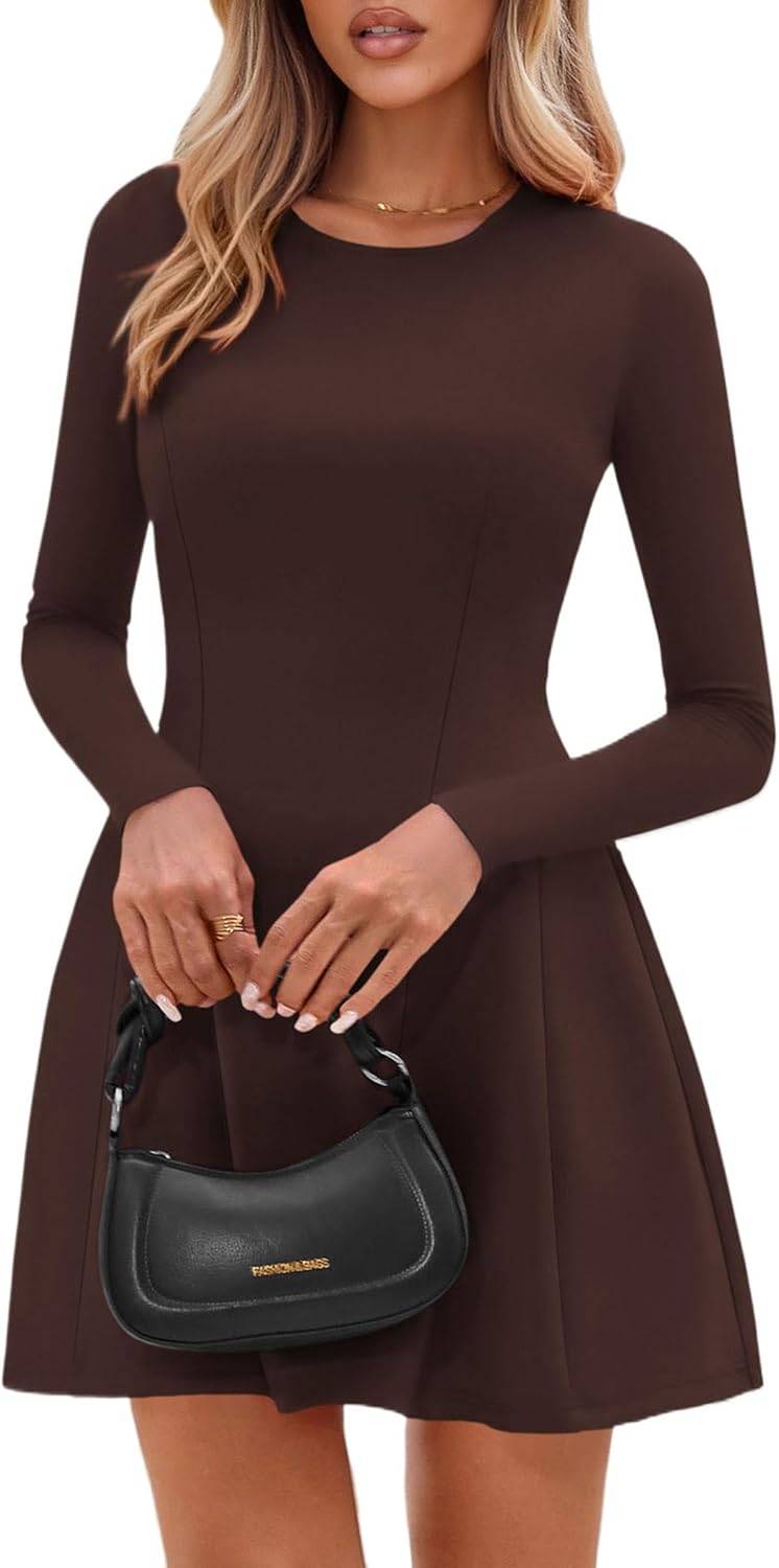 Women’s Long Sleeve Crew Neck Knit Mini Dress Pleated A-Line Casual Party Dress - Image 2