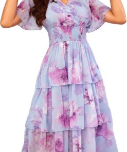 Women’s Floral V-Neck Tiered Chiffon Midi Dress Short Sleeve Smocked Flowy Dress