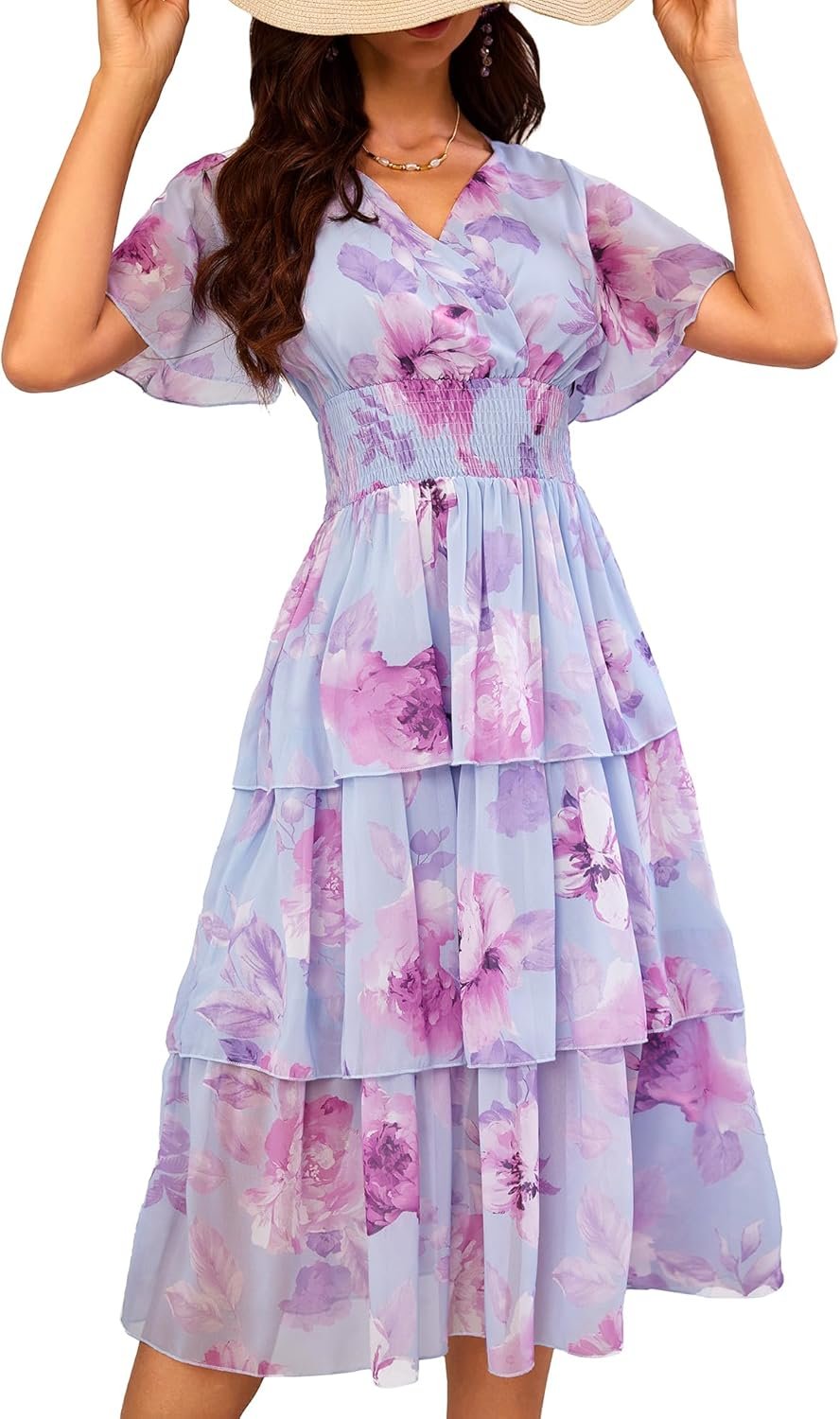 Women’s Floral V-Neck Tiered Chiffon Midi Dress Short Sleeve Smocked Flowy Dress