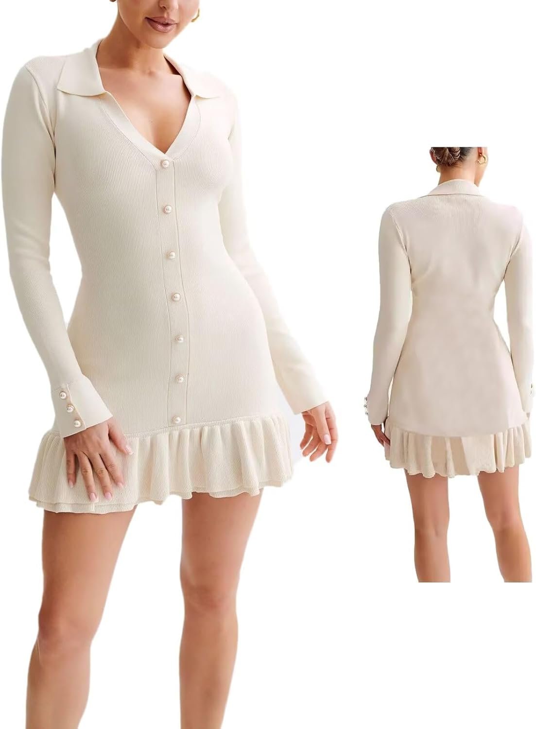 Women’s Long Sleeve Knit Sweater Dress Ruffle Hem Collared Back Tie Mini Dress
